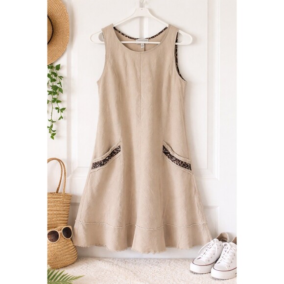 Dresses & Skirts - Linen Blend Shift Dress Beige Leopard Trim Pockets Size 12 Boho Casual